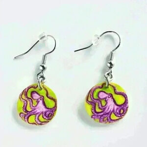 Octopus hand-painted  on green mini silver circle earrings ✦ cute & dainty ✦